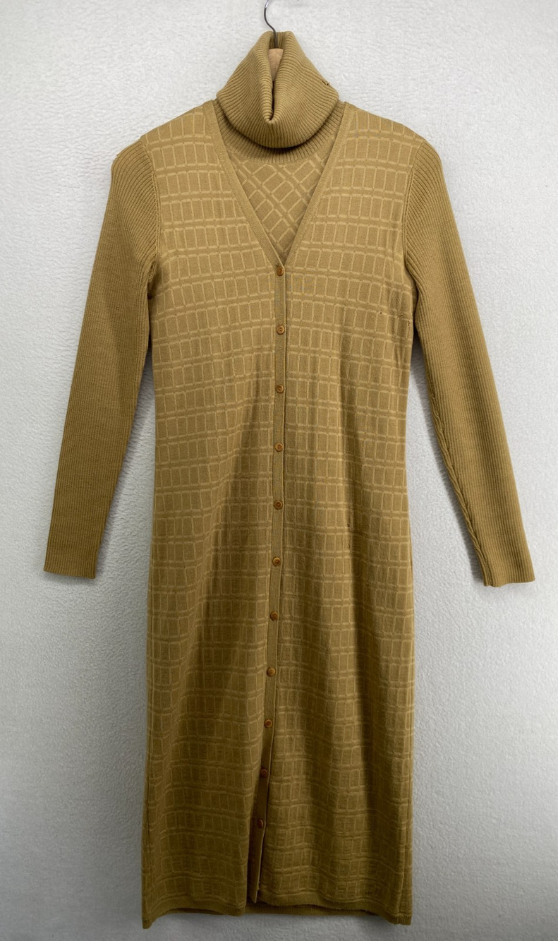 DKNY Sweater Twinset S Wool Check Turtleneck Long Cardigan Button Up Camel Y2K